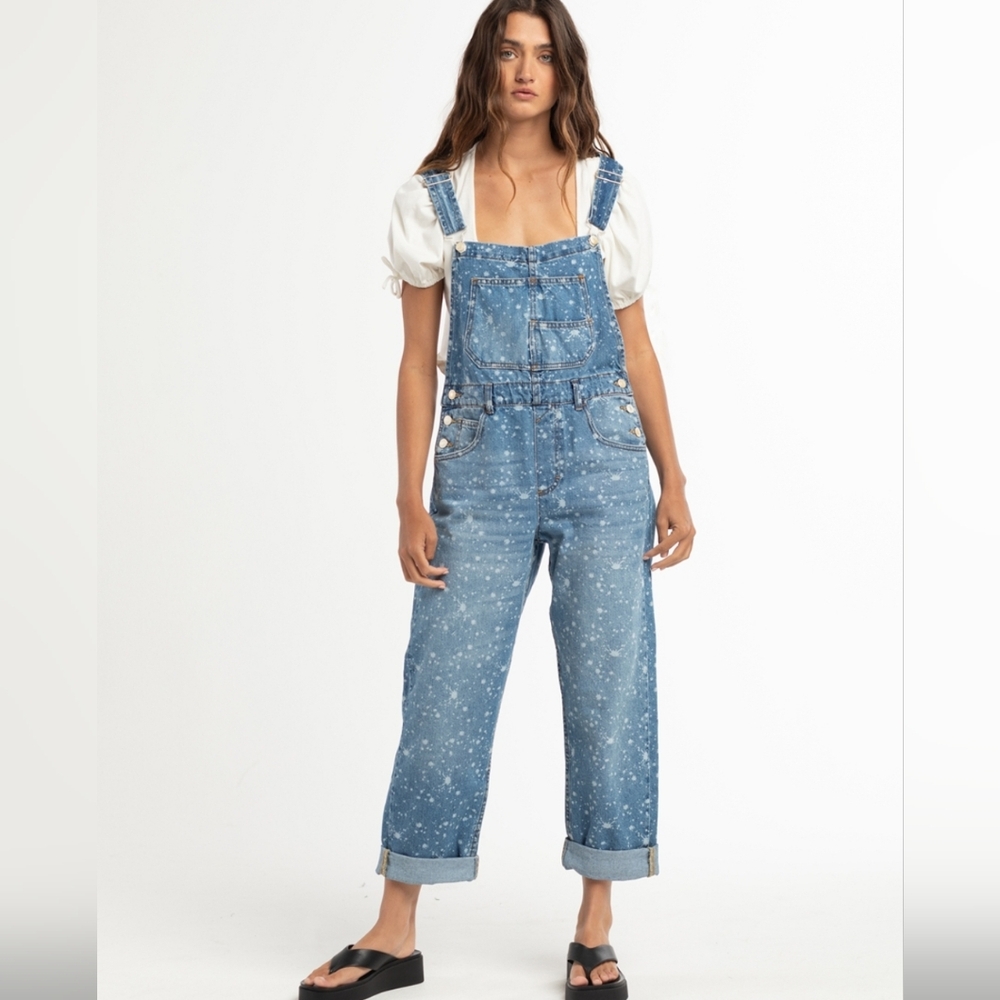 ❤️ FREE PEOPLE ZIGGY DENIM PAINT SPLATTER STRAIGHT LEG JEAN OVERALLS, XS
